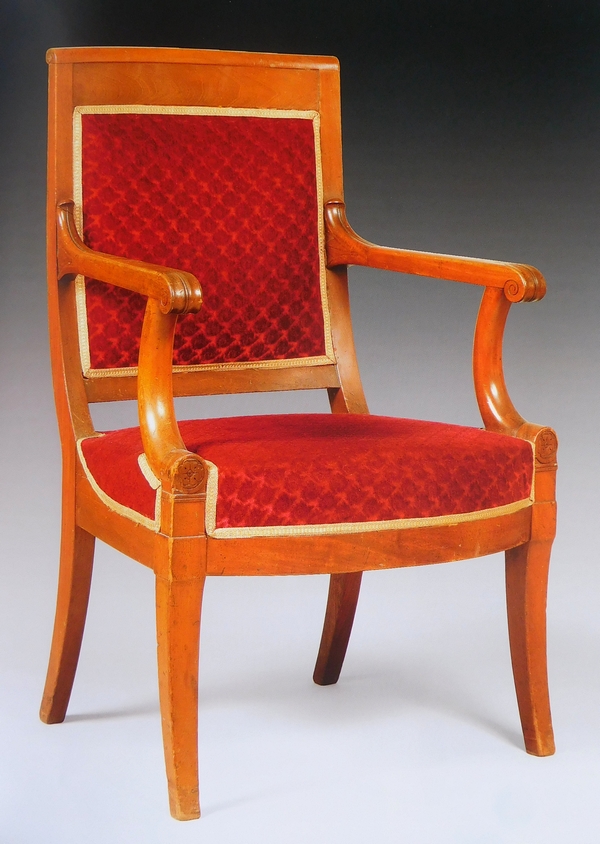 Pair of Empire mahogany armchairs, antique silk, early 19th century