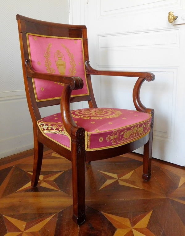 Pair of Empire mahogany armchairs, antique silk, early 19th century