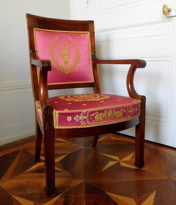 Pair of Empire mahogany armchairs, antique silk, early 19th century