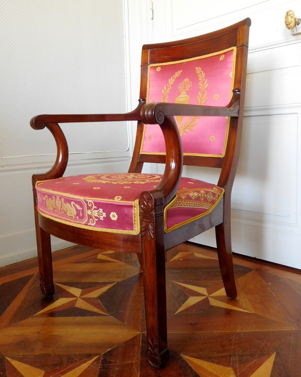 Pair of Empire mahogany armchairs, antique silk, early 19th century