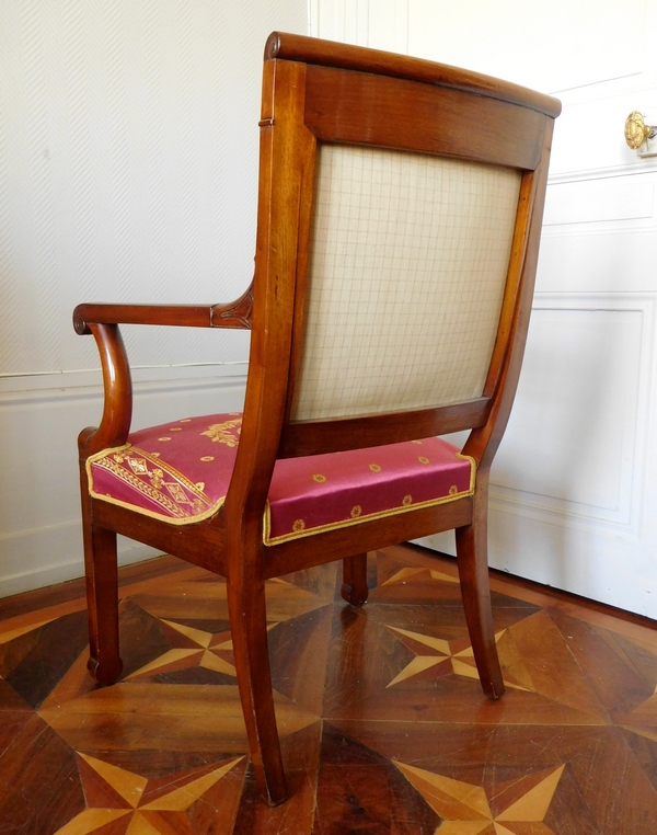 Pair of Empire mahogany armchairs, antique silk, early 19th century