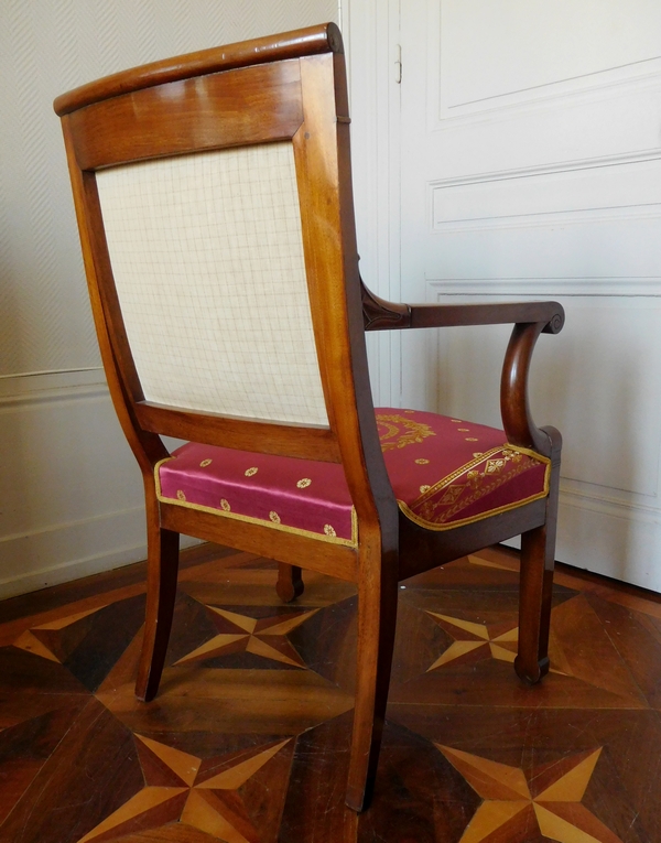 Pair of Empire mahogany armchairs, antique silk, early 19th century