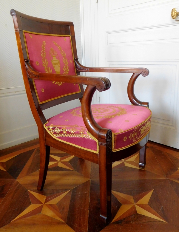 Pair of Empire mahogany armchairs, antique silk, early 19th century