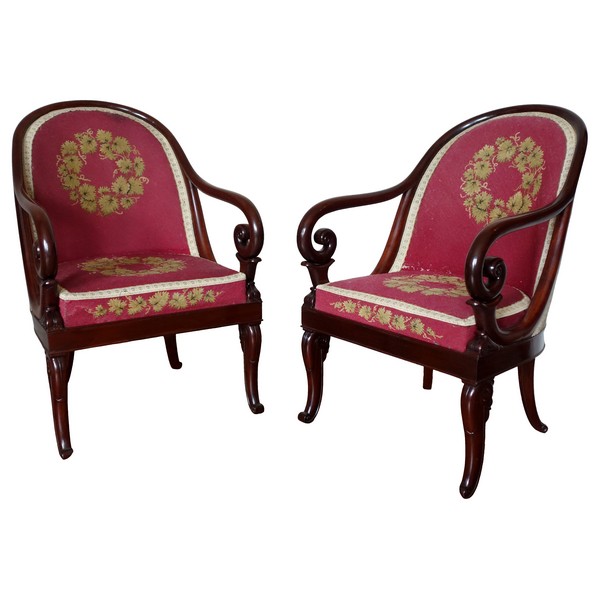 Jeanselme : paire de fauteuils gondole en acajou, estampille - provenance famille de La Rochefoucauld au Château de Verteuil