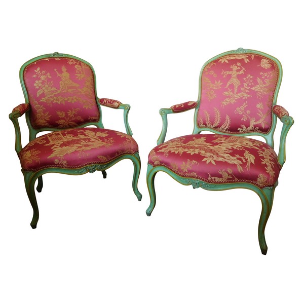 Pierre Bara : paire de fauteuils à la Reine d'époque Louis XV aux chinoiseries - estampillés