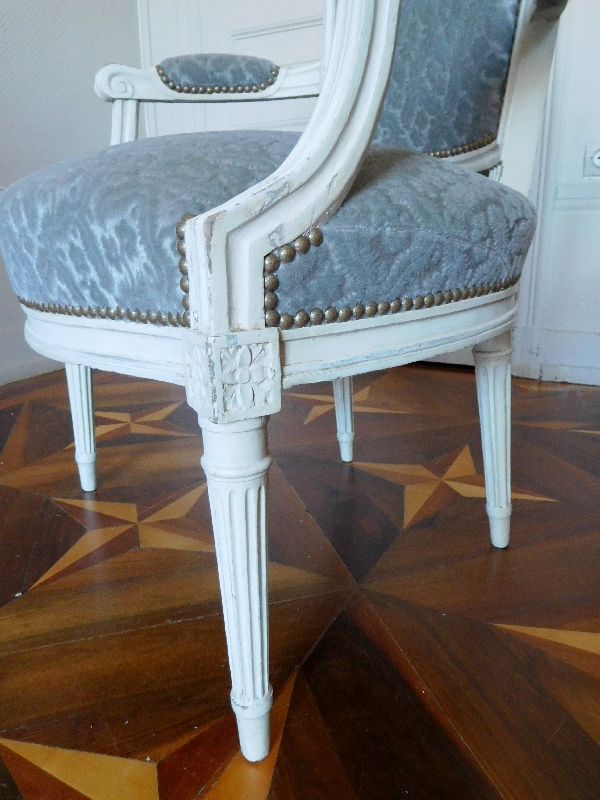 Pair of Louis XVI cabriolet armchairs, 18th century, grey velvet