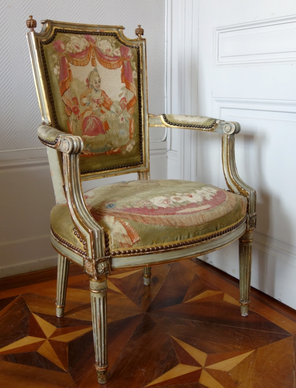 Pair of Louis XVI cabriolet armchairs - Aubusson tapestry - 18th century