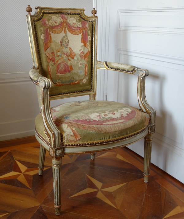 Pair of Louis XVI cabriolet armchairs - Aubusson tapestry - 18th century