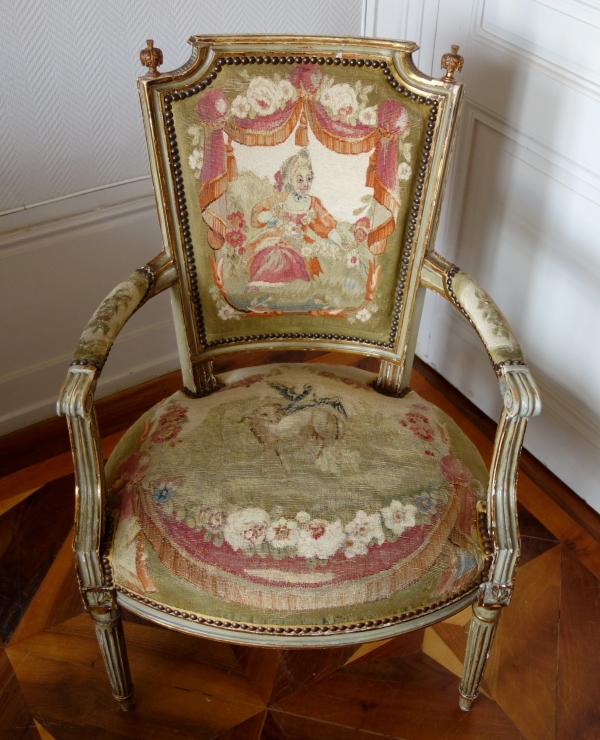 Pair of Louis XVI cabriolet armchairs - Aubusson tapestry - 18th century