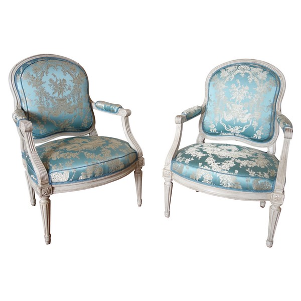 Louis Delanois : paire de fauteuils à la Reine Louis XVI d'époque Louis XV