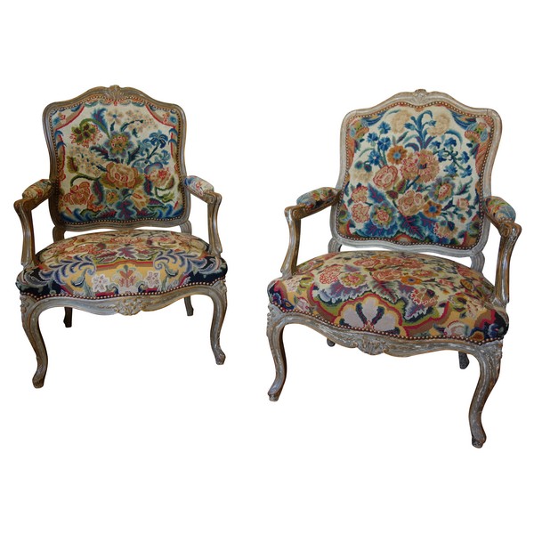 Pair of Louis XV style armchairs covered with 18th century tapestries