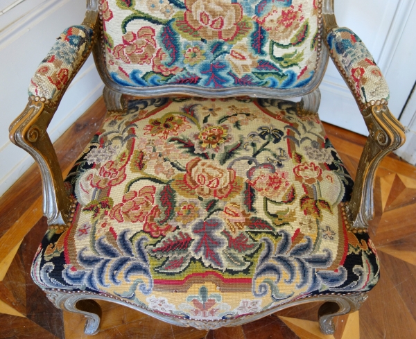 Pair of Louis XV style armchairs covered with 18th century tapestries