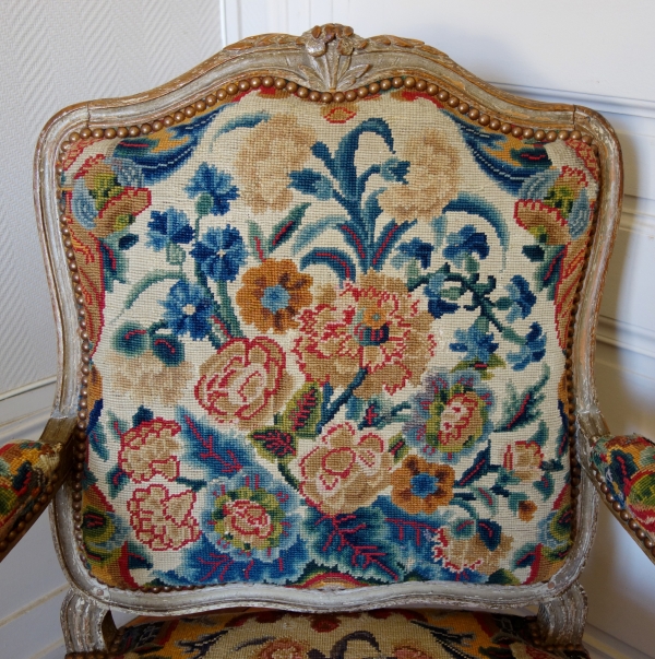 Pair of Louis XV style armchairs covered with 18th century tapestries