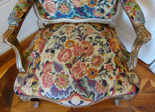 Pair of Louis XV style armchairs covered with 18th century tapestries