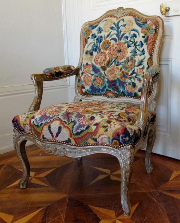 Pair of Louis XV style armchairs covered with 18th century tapestries