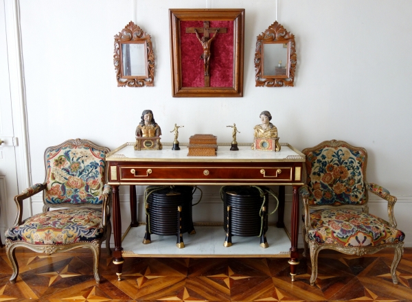 Pair of Louis XV style armchairs covered with 18th century tapestries