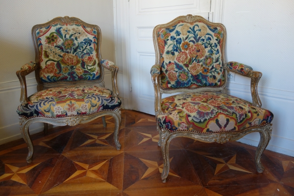 Pair of Louis XV style armchairs covered with 18th century tapestries