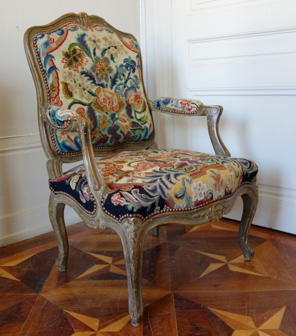 Pair of Louis XV style armchairs covered with 18th century tapestries