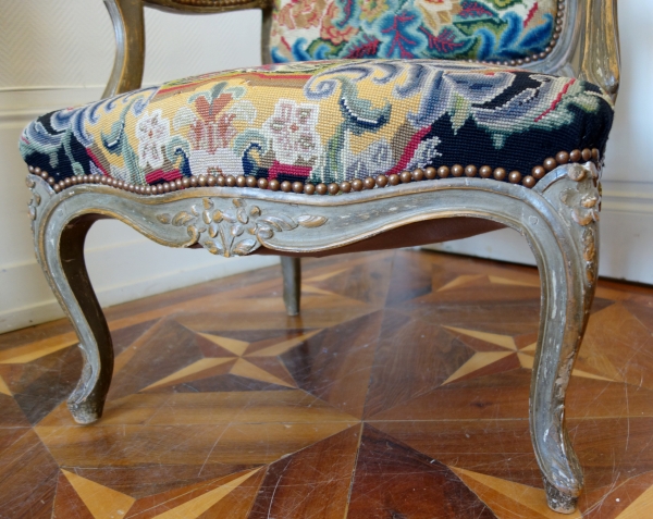 Pair of Louis XV style armchairs covered with 18th century tapestries