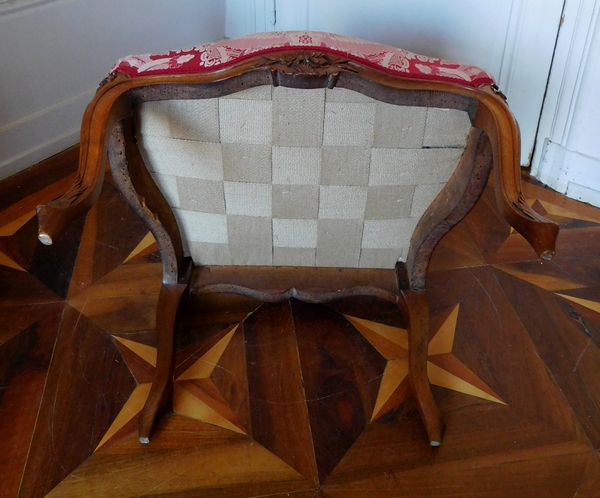 Paire de fauteuils à la Reine en noyer d'époque Louis XV - garniture de soie rouge