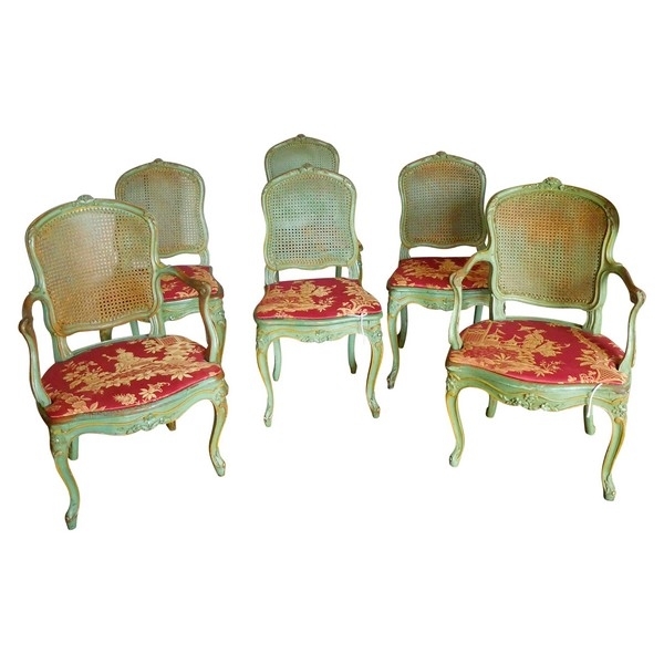 JB Gourdin : salon de 2 fauteuils et 4 chaises cannés d'époque Louis XV aux chinoiseries - estampillé