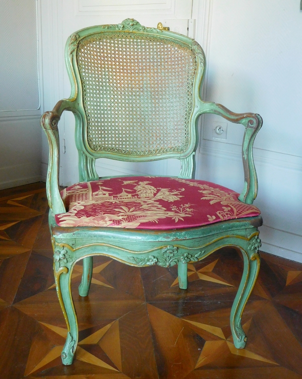 JB Gourdin : salon de 2 fauteuils et 4 chaises cannés d'époque Louis XV aux chinoiseries - estampillé