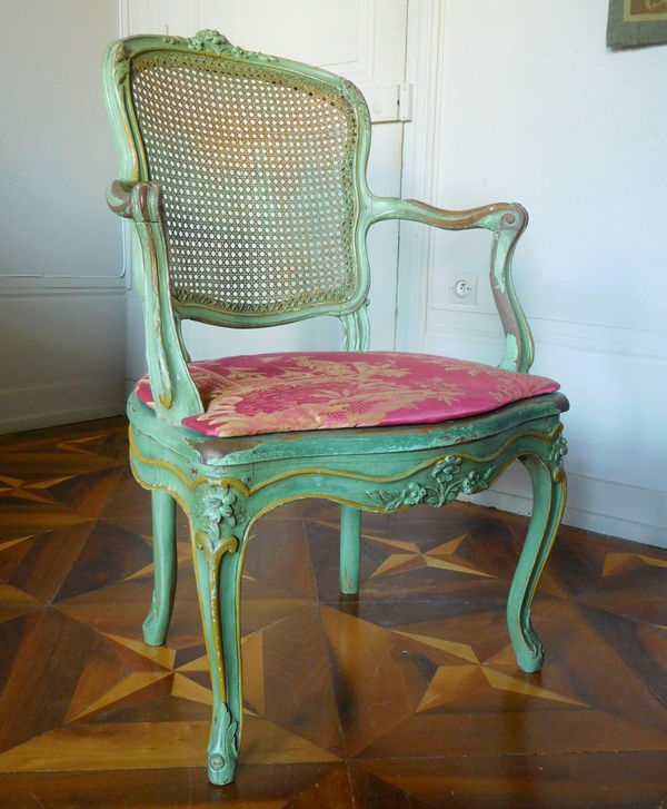 JB Gourdin : salon de 2 fauteuils et 4 chaises cannés d'époque Louis XV aux chinoiseries - estampillé