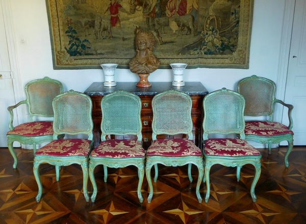 JB Gourdin : salon de 2 fauteuils et 4 chaises cannés d'époque Louis XV aux chinoiseries - estampillé