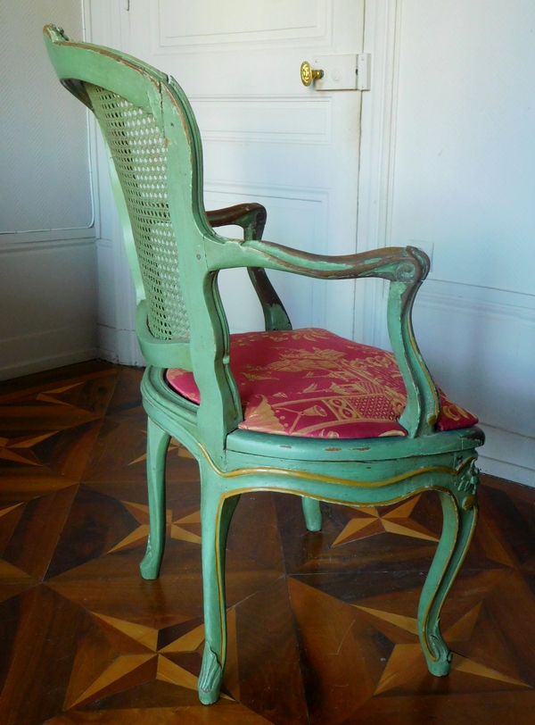 JB Gourdin : salon de 2 fauteuils et 4 chaises cannés d'époque Louis XV aux chinoiseries - estampillé