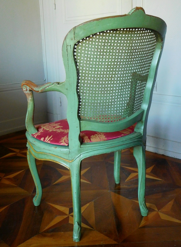 JB Gourdin : salon de 2 fauteuils et 4 chaises cannés d'époque Louis XV aux chinoiseries - estampillé