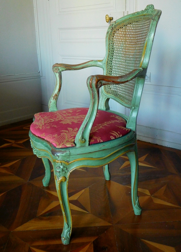 JB Gourdin : salon de 2 fauteuils et 4 chaises cannés d'époque Louis XV aux chinoiseries - estampillé