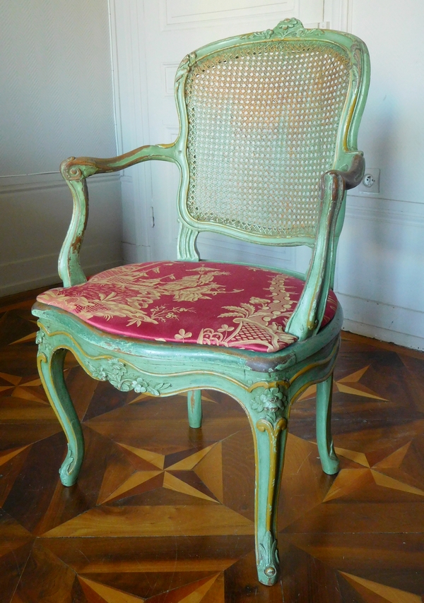 JB Gourdin : salon de 2 fauteuils et 4 chaises cannés d'époque Louis XV aux chinoiseries - estampillé