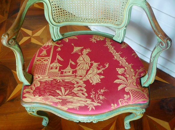 JB Gourdin : salon de 2 fauteuils et 4 chaises cannés d'époque Louis XV aux chinoiseries - estampillé