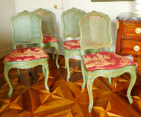 JB Gourdin : salon de 2 fauteuils et 4 chaises cannés d'époque Louis XV aux chinoiseries - estampillé