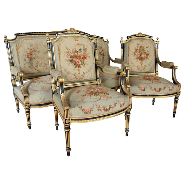 Louis XVI style blackened and gilt wood seating set, Aubusson tapestry, 19th century circa 1860