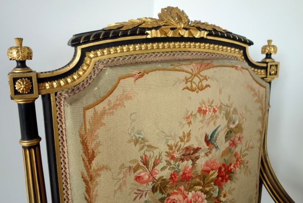 Louis XVI style blackened and gilt wood seating set, Aubusson tapestry, 19th century circa 1860