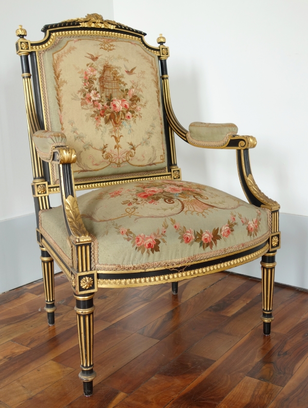 Louis XVI style blackened and gilt wood seating set, Aubusson tapestry, 19th century circa 1860