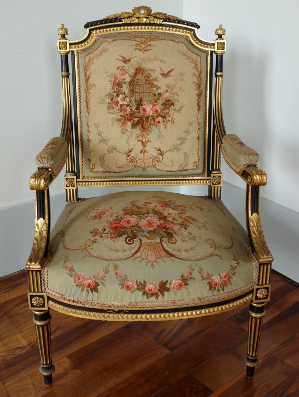 Louis XVI style blackened and gilt wood seating set, Aubusson tapestry, 19th century circa 1860