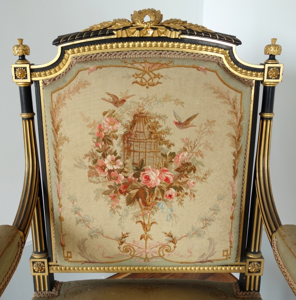 Louis XVI style blackened and gilt wood seating set, Aubusson tapestry, 19th century circa 1860