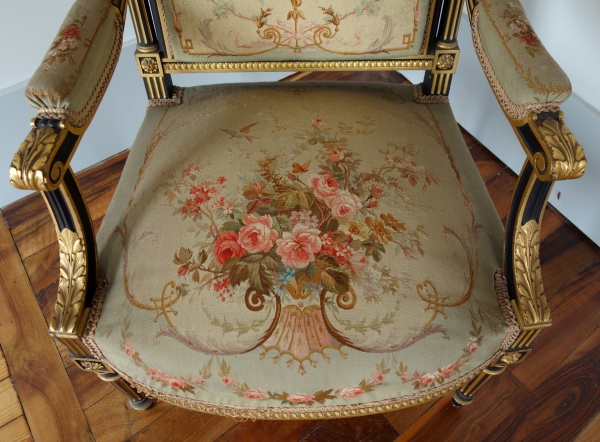 Louis XVI style blackened and gilt wood seating set, Aubusson tapestry, 19th century circa 1860