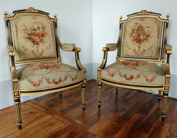 Louis XVI style blackened and gilt wood seating set, Aubusson tapestry, 19th century circa 1860