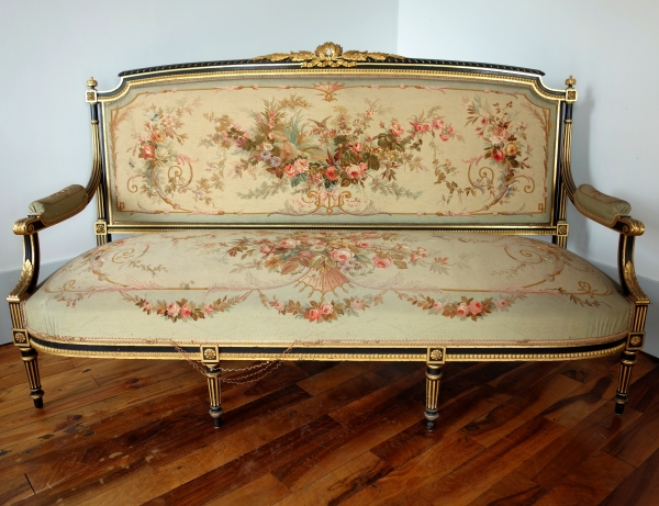 Louis XVI style blackened and gilt wood seating set, Aubusson tapestry, 19th century circa 1860