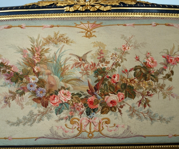 Louis XVI style blackened and gilt wood seating set, Aubusson tapestry, 19th century circa 1860