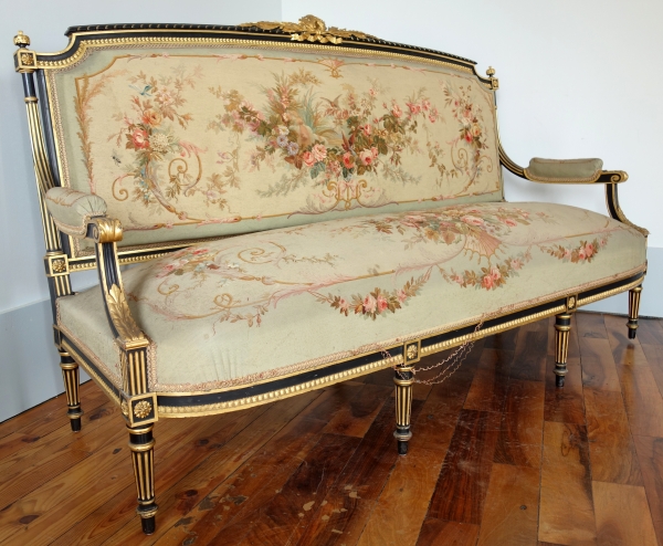 Louis XVI style blackened and gilt wood seating set, Aubusson tapestry, 19th century circa 1860