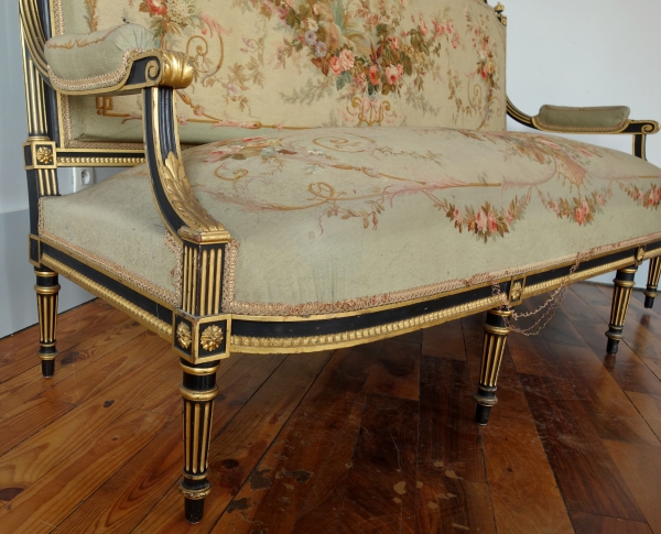 Louis XVI style blackened and gilt wood seating set, Aubusson tapestry, 19th century circa 1860