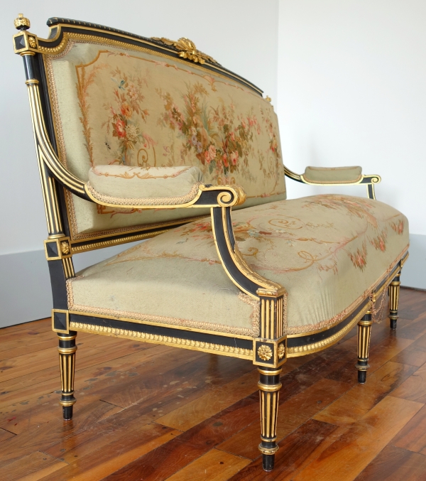 Louis XVI style blackened and gilt wood seating set, Aubusson tapestry, 19th century circa 1860