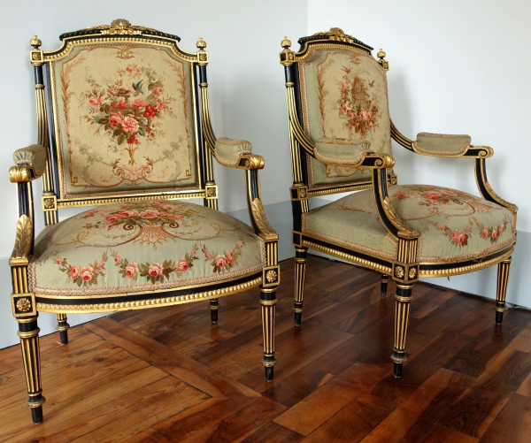 Louis XVI style blackened and gilt wood seating set, Aubusson tapestry, 19th century circa 1860