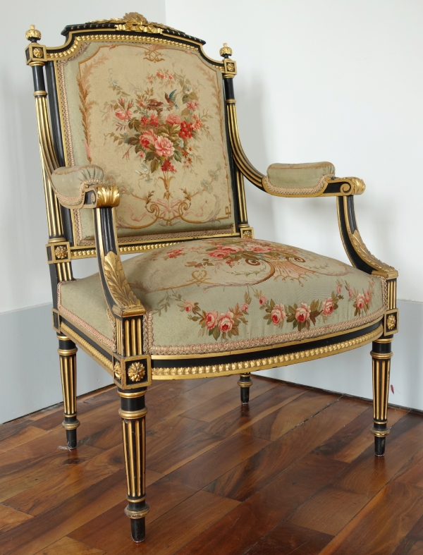 Louis XVI style blackened and gilt wood seating set, Aubusson tapestry, 19th century circa 1860