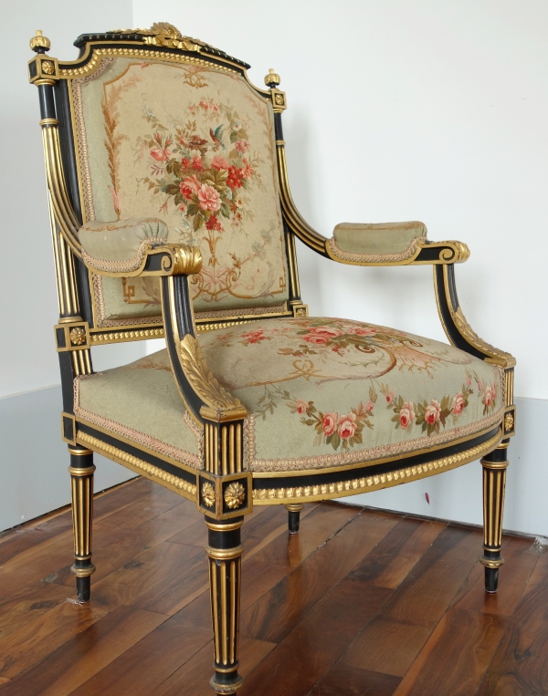 Louis XVI style blackened and gilt wood seating set, Aubusson tapestry, 19th century circa 1860