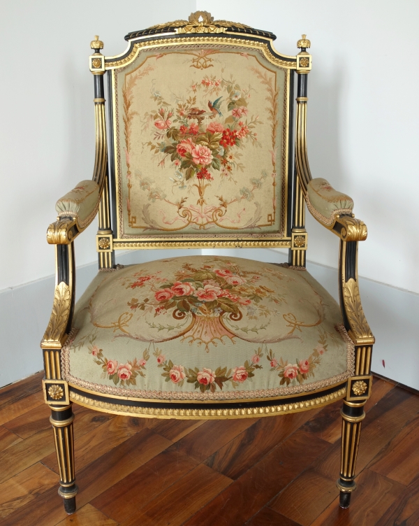 Louis XVI style blackened and gilt wood seating set, Aubusson tapestry, 19th century circa 1860